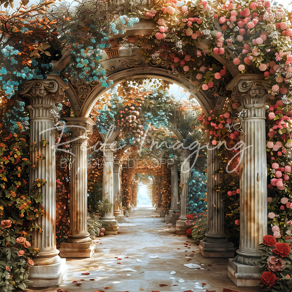 Kate Sommer Fine Art Bunter Blumen Vintage Stein Säulenbogenweg Hintergrund entworfen von Lidia Redekopp - Kate Backdrop.de