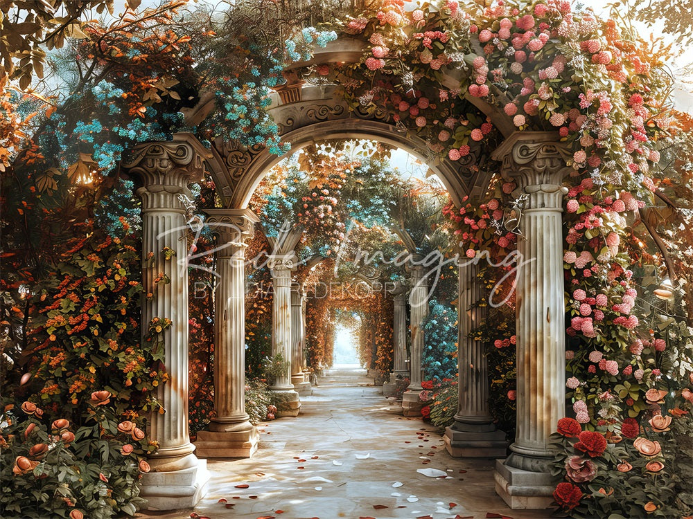 Kate Sommer Fine Art Bunter Blumen Vintage Stein Säulenbogenweg Hintergrund entworfen von Lidia Redekopp - Kate Backdrop.de