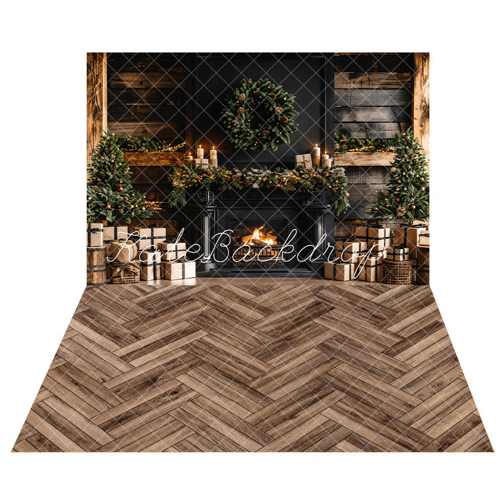Kate Weihnachten Schwarz Modern Kamin Hintergrund +Brauner Holzböden Hintergrund - Kate Backdrop.de