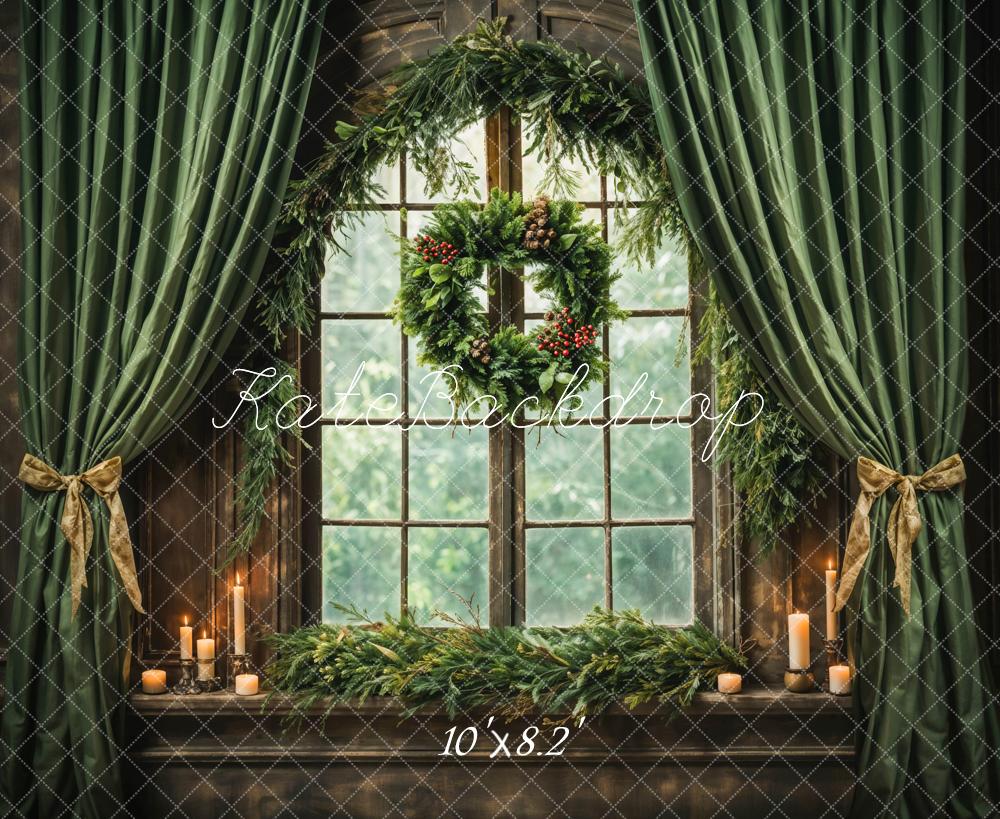 Kate Weihnachten grüner Vorhang Holzbogen Fenster Hintergrund entworfen von Emetselch - Kate Backdrop.de