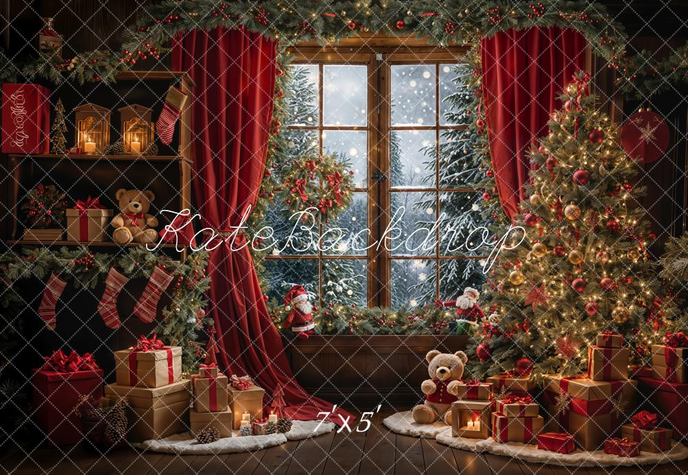Kate Winter Weihnachten Teddy Bär Roter Vorhang Fenster Hintergrund Entworfen von Emetselch - Kate Backdrop.de