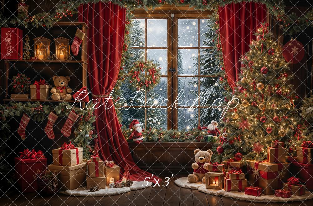 Kate Winter Weihnachten Teddy Bär Roter Vorhang Fenster Hintergrund Entworfen von Emetselch - Kate Backdrop.de