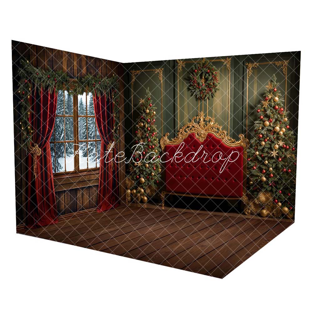 ⚡Blitzangebote #2-Kate Weihnachten Roter Vorhang Dunkelbraun Gerahmtes Fenster Zimmer Set - Kate Backdrop.de