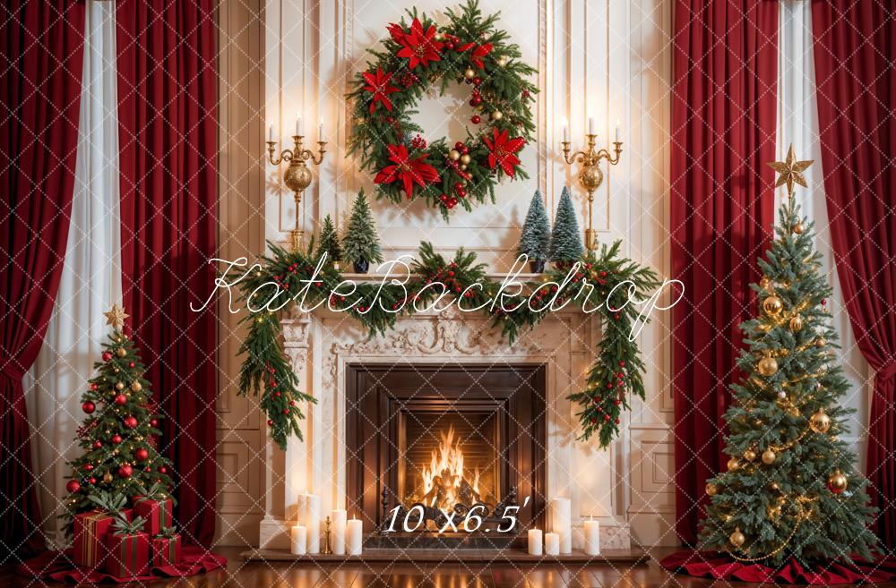 Kate Weihnachten Roter Vorhang Mit Weißem Kamin Hintergrund entworfen von Emetselch - Kate Backdrop.de
