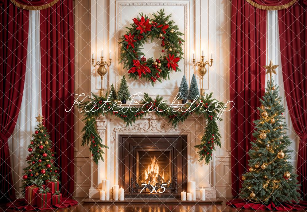 Kate Weihnachten Roter Vorhang Mit Weißem Kamin Hintergrund entworfen von Emetselch - Kate Backdrop.de