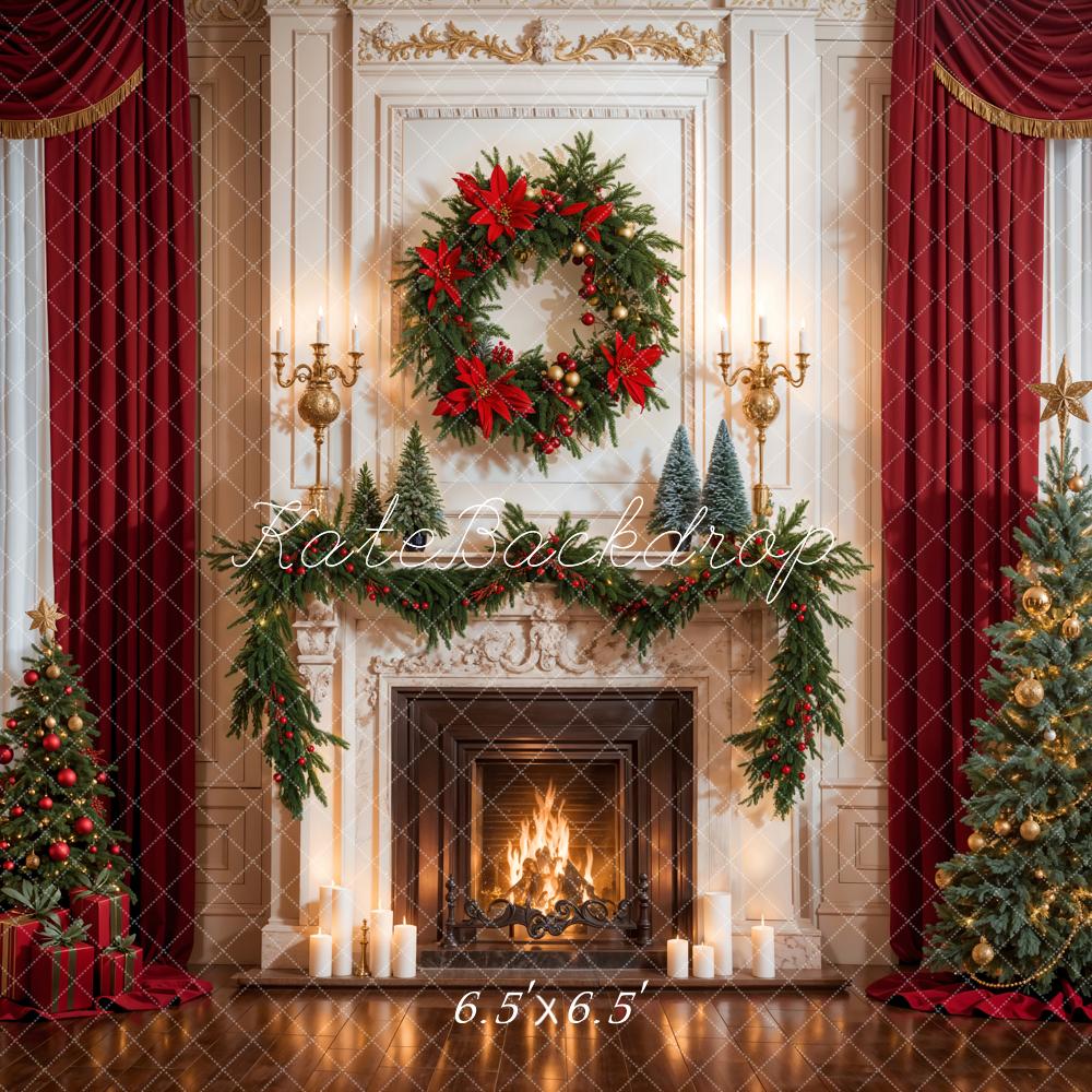 Kate Weihnachten Roter Vorhang Mit Weißem Kamin Hintergrund entworfen von Emetselch - Kate Backdrop.de