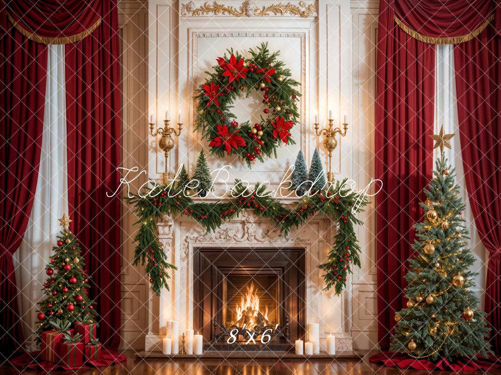 Kate Weihnachten Roter Vorhang Mit Weißem Kamin Hintergrund entworfen von Emetselch - Kate Backdrop.de