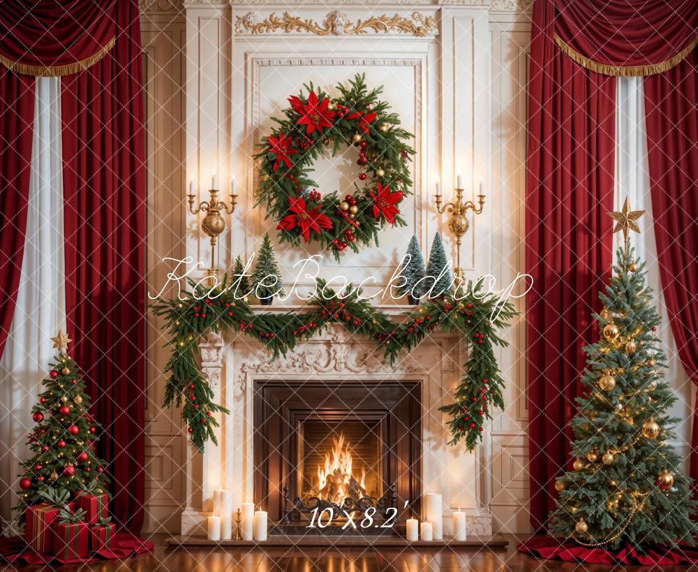 Kate Weihnachten Roter Vorhang Mit Weißem Kamin Hintergrund entworfen von Emetselch - Kate Backdrop.de