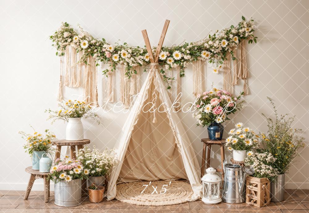 Kate Boho Geburtstag Bunte Blumen Weißes Zelt Hintergrund Entworfen von Emetselch - Kate Backdrop.de