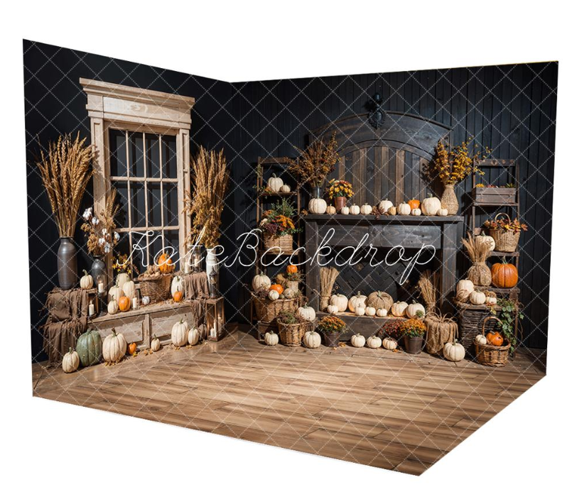 Kate Herbstkürbisse Weizenohren Schwarze Holzwand Zimmer Set