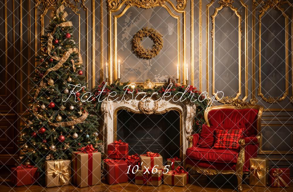 Kate Weihnachten Vintage Luxury White Fireplace Grey Golden Wall Hintergrund Entworfen von Emetselch - Kate Backdrop.de