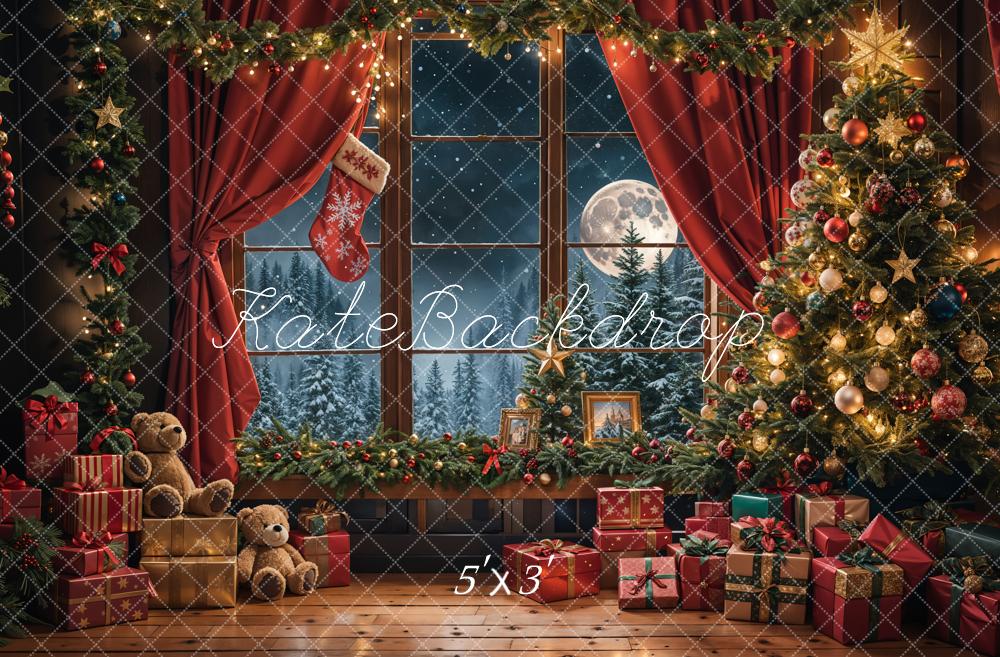 Kate Weihnachten Teddy Bär Roter Vorhang Schwarzer Rahmen Fenster Hintergrund Entworfen von Emetselch - Kate Backdrop.de