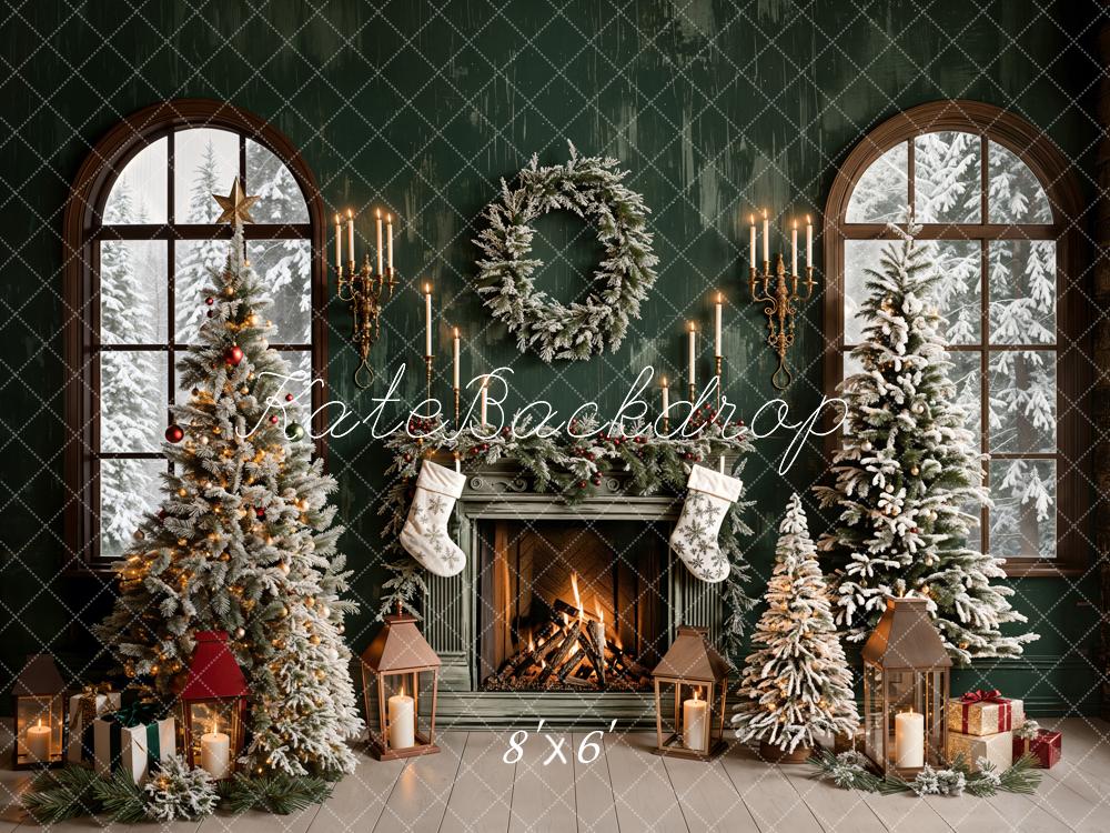 Kate Weihnachten grün Kamin gewölbten Fenster Hintergrund entworfen von Emetselch - Kate Backdrop.de