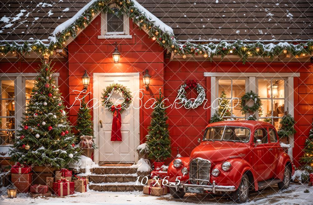 Kate Weihnachten Outdoor Rotes Haus und Auto Hintergrund Entworfen von Emetselch - Kate Backdrop.de