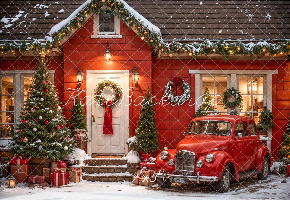 Kate Weihnachten Outdoor Rotes Haus und Auto Hintergrund Entworfen von Emetselch - Kate Backdrop.de