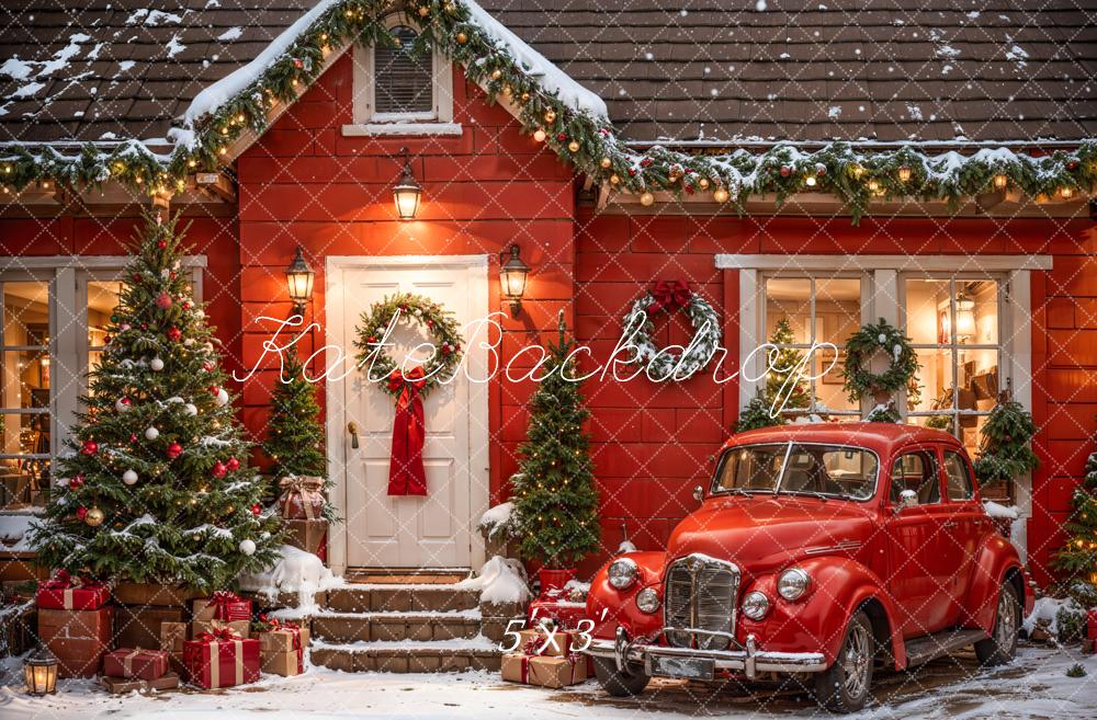 Kate Weihnachten Outdoor Rotes Haus und Auto Hintergrund Entworfen von Emetselch - Kate Backdrop.de