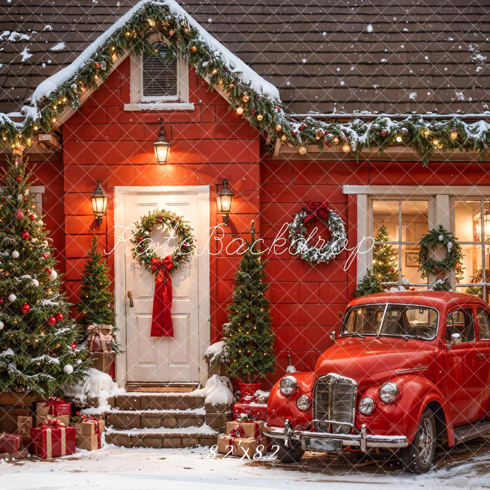 Kate Weihnachten Outdoor Rotes Haus und Auto Hintergrund Entworfen von Emetselch - Kate Backdrop.de