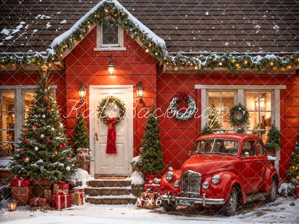 Kate Weihnachten Outdoor Rotes Haus und Auto Hintergrund Entworfen von Emetselch - Kate Backdrop.de