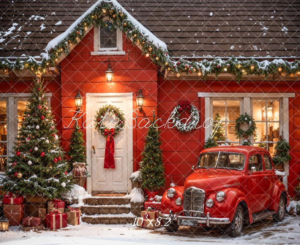 Kate Weihnachten Outdoor Rotes Haus und Auto Hintergrund Entworfen von Emetselch - Kate Backdrop.de