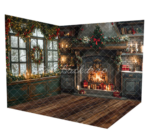 Kate Weihnachten Kamin Fenster Kerze Flamme Schnee Winter Zimmer Set(8ftx8ft&10ftx8ft&8ftx10ft)