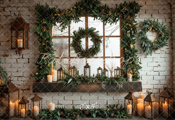 Kate Weihnachten Gerahmtes Fenster Weiße Ziegelwand Hintergrund Entworfen von Emetselch