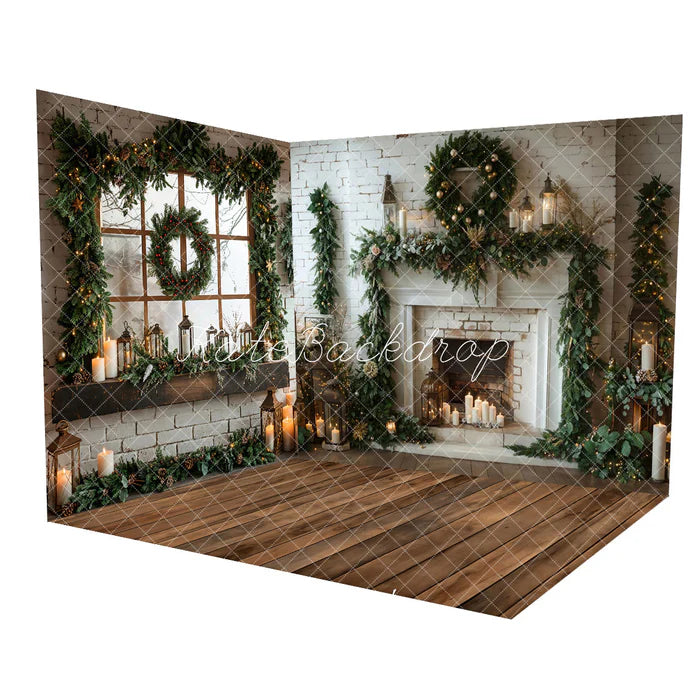 Kate Christmas Weißer Backsteinkamin Fenster Zimmer Set (8ftx8ft&10ftx8ft&8ftx10ft)