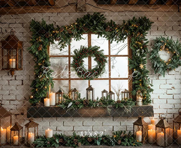 Kate Weihnachten Gerahmtes Fenster Weiße Ziegelwand Hintergrund Entworfen von Emetselch