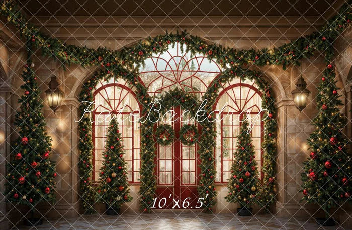 Kate Weihnachten Grüne Pflanze Rote Bogentür Hintergrund entworfen von Emetselch - Kate Backdrop.de
