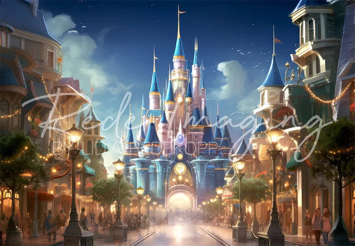 Kate Fantasy Magic Kingdom Blaues Schloss Hintergrund entworfen von Lidia Redekopp - Kate Backdrop.de