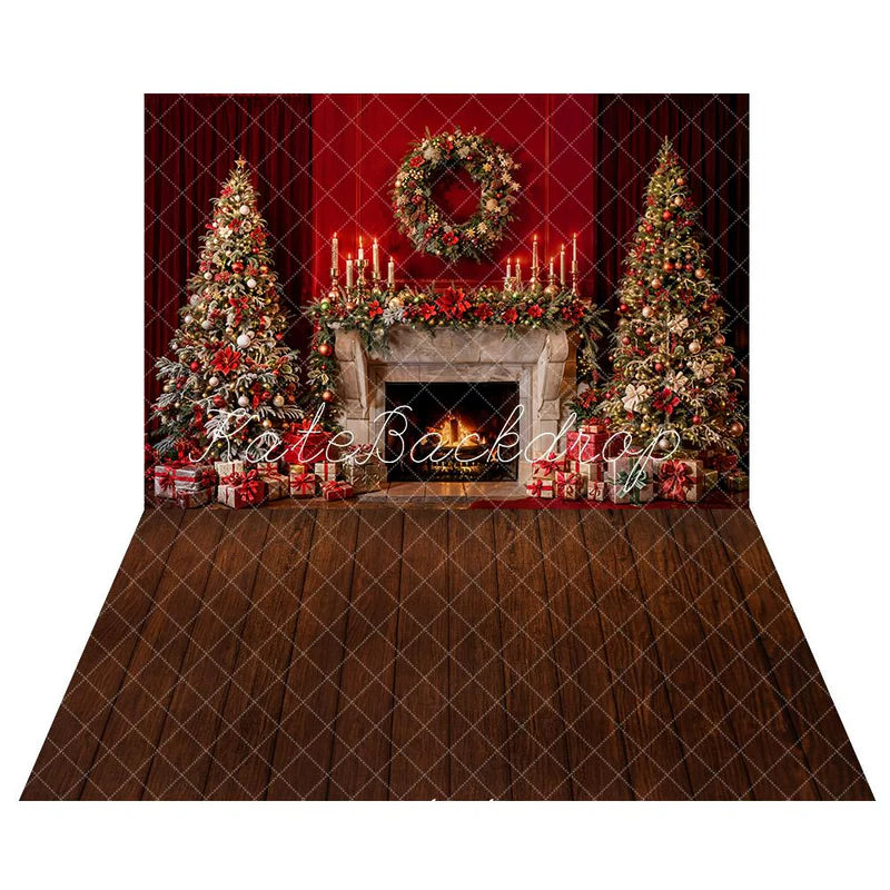 ⚡Blitzangebote #2-Kate Rot Weihnachten Baumgirlande Kamin+Holzboden Hintergrund - Kate Backdrop.de