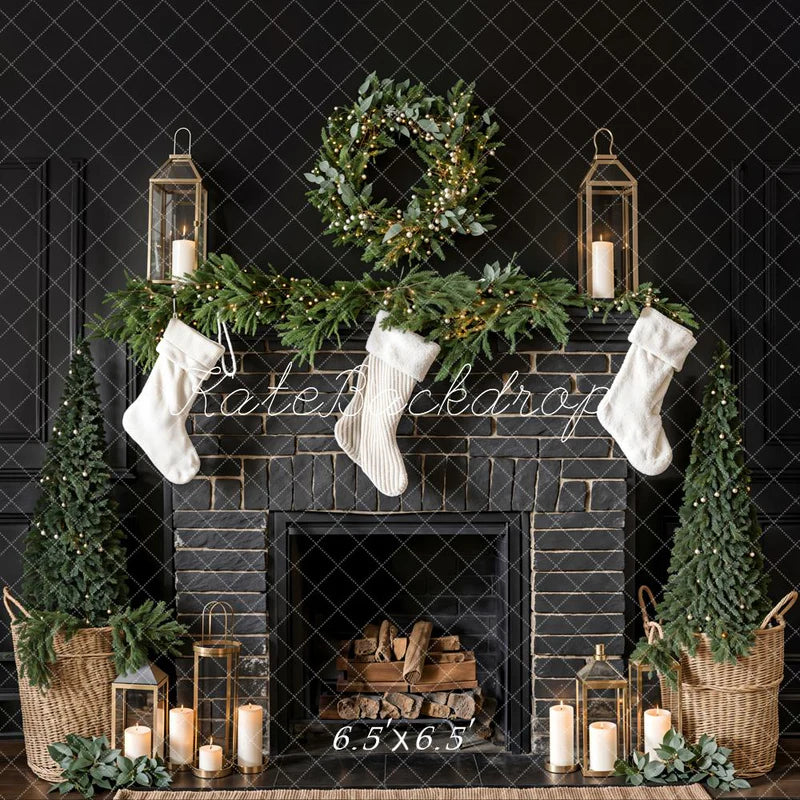 Kate Schwarze Weihnachtskamin- Hintergrund weiße Socke Entworfen von Emetselch - Kate Backdrop.de