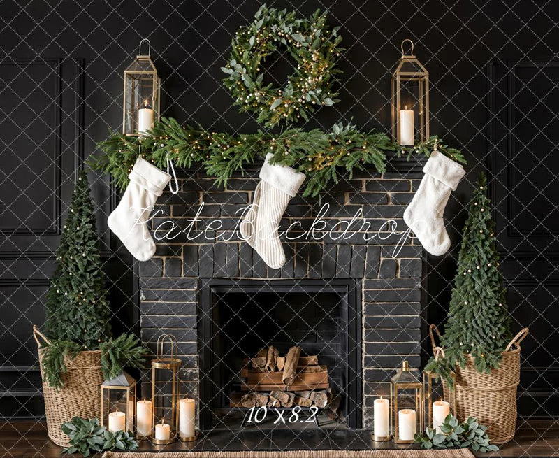 Kate Schwarze Weihnachtskamin- Hintergrund weiße Socke Entworfen von Emetselch - Kate Backdrop.de