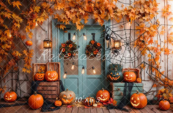 Kate Halloween Kürbis Ahorn Blau Holz Tür Hintergrund Entworfen von Emetselch - Kate Backdrop.de