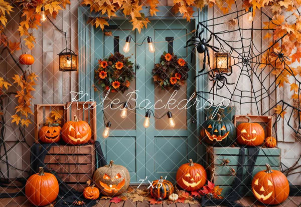 Kate Halloween Kürbis Ahorn Blau Holz Tür Hintergrund Entworfen von Emetselch - Kate Backdrop.de