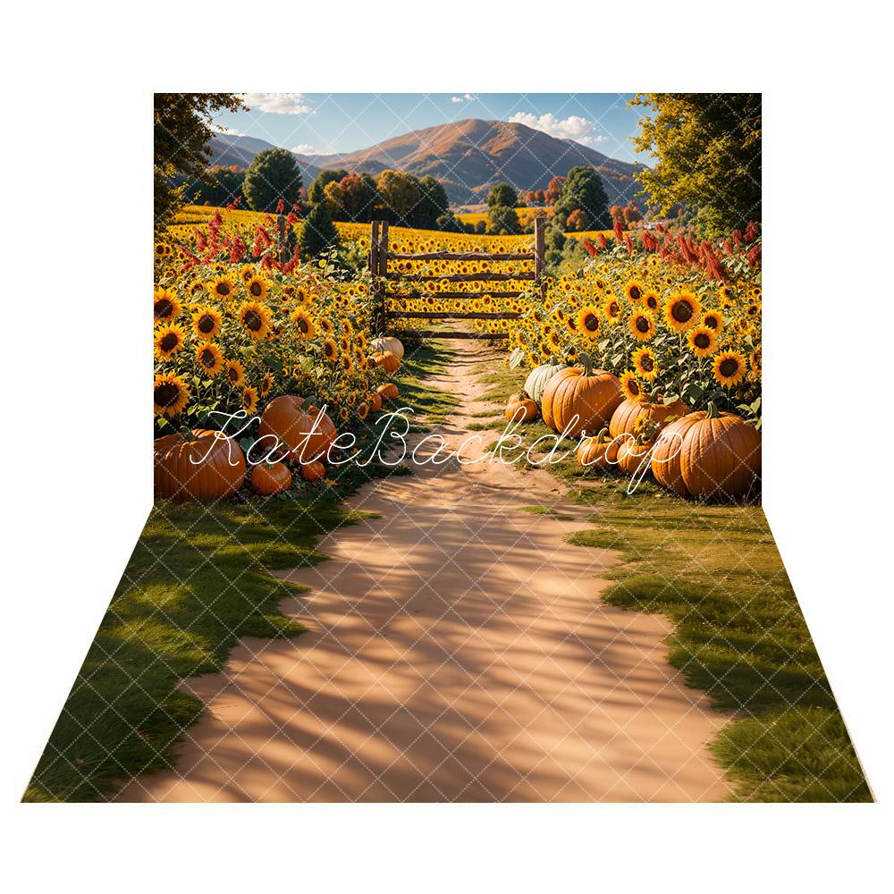 Kate Herbst Sonnenblume Kürbis Feld Bauernhof Hintergrund+Wald Schatten Wiese Weg Boden Hintergrund - Kate Backdrop.de