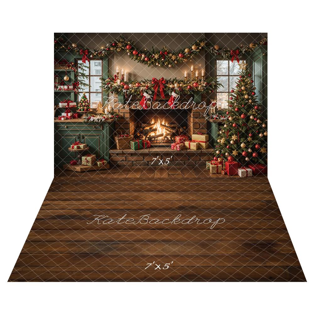 Kate Weihnachten Grün Küche Kamin Schränke Hintergrund+Dunkelbrauner Holzboden hintergrund - Kate Backdrop.de