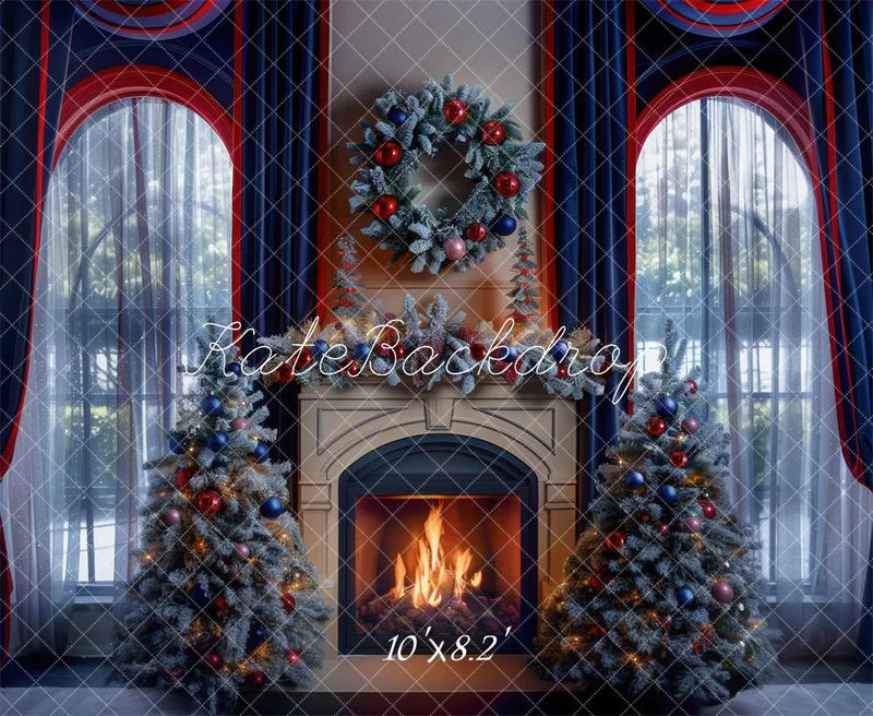 Kate Marineblaue rote Fenster-Hintergrundkulisse für Weihnachten Entworfen von Mini MakeBelieve