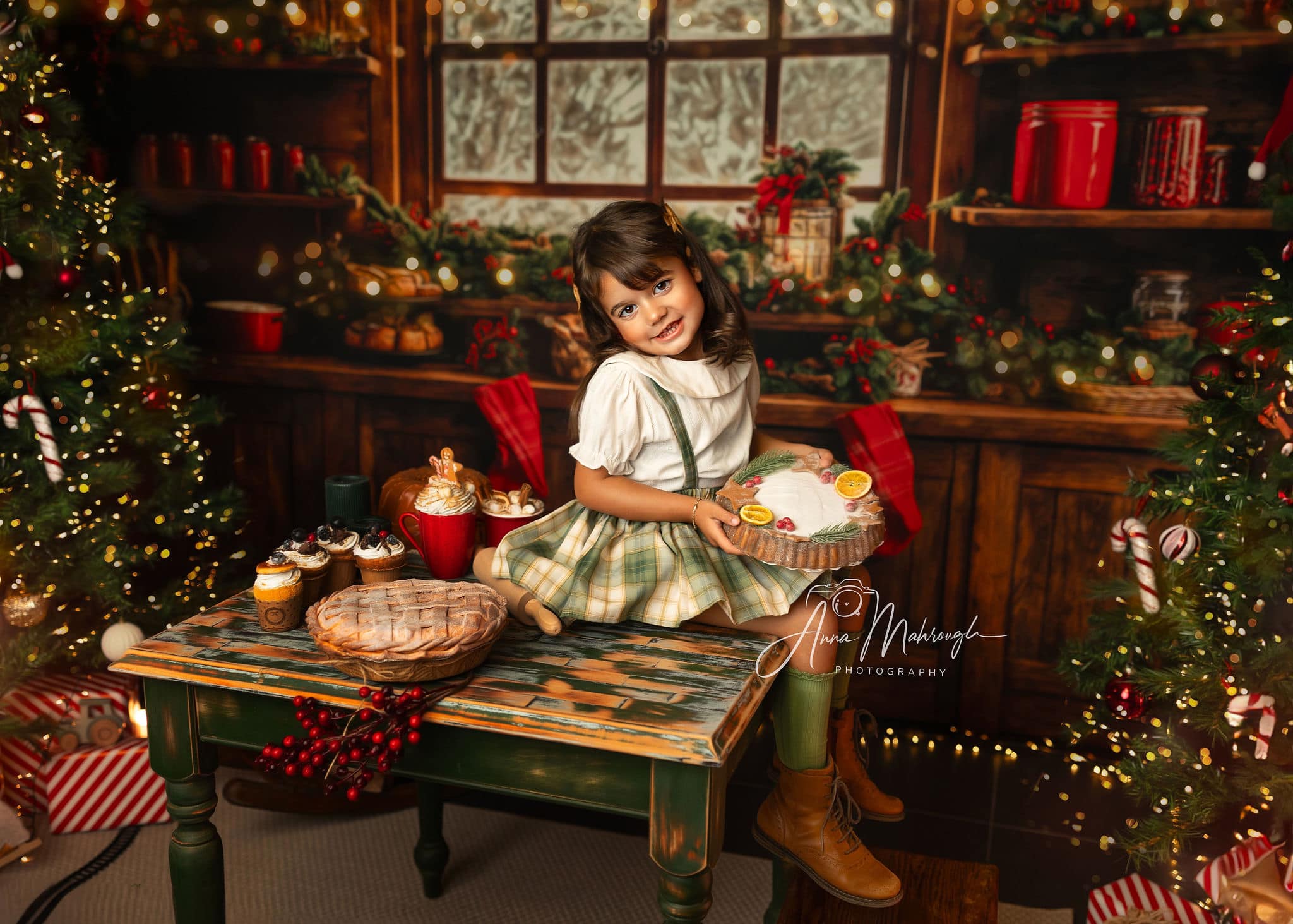 ⚡Blitzangebote #3-Kate Weihnachten Küche Braun Holz Schränke Rot Stocking Hintergrund entworfen - Kate Backdrop.de