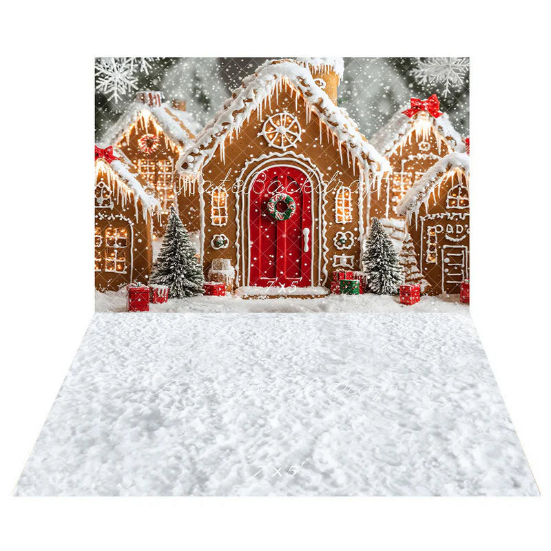 ⚡Blitzangebote #1-Kate Weihnachten Pfefferkuchenhäuser Schneeig Hintergrund + Winter-Schneeboden Hintergrund für Fotografie - Kate Backdrop.de