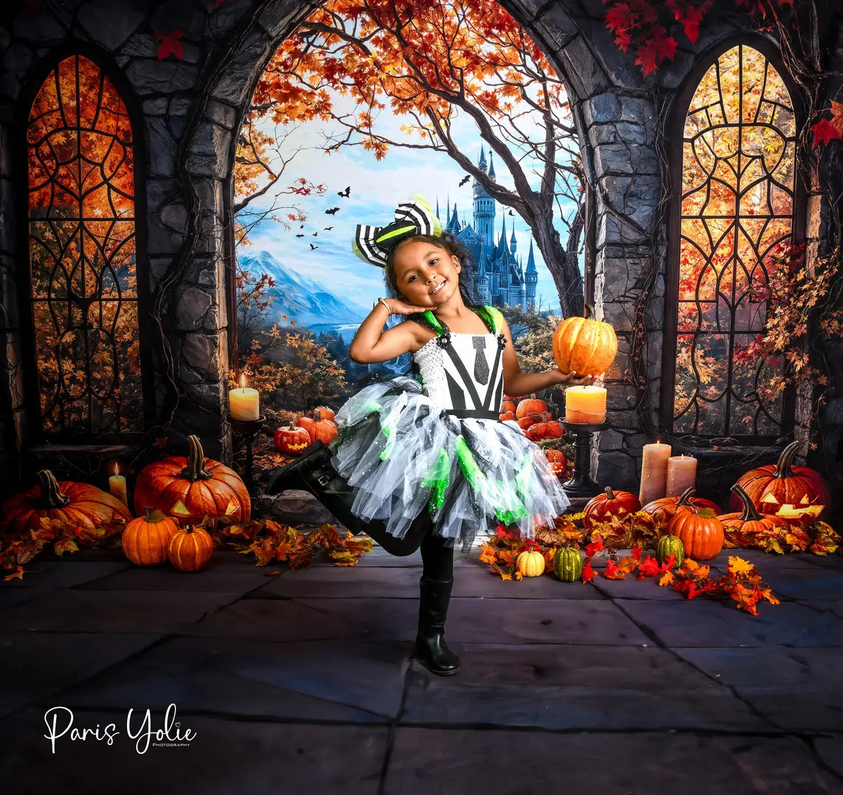 Kate Halloween Bogen Ahorn Schloss Kürbis Hintergrund+Steinboden Hintergrund - Kate Backdrop.de