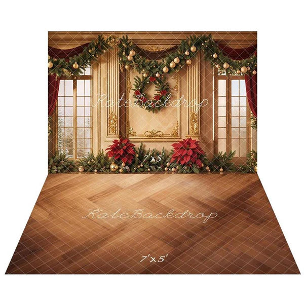 Kate Weihnachten Fenster Weihnachtsstern Vorhänge Hintergrund+Boden mit Holzstruktur  hintergrund - Kate Backdrop.de