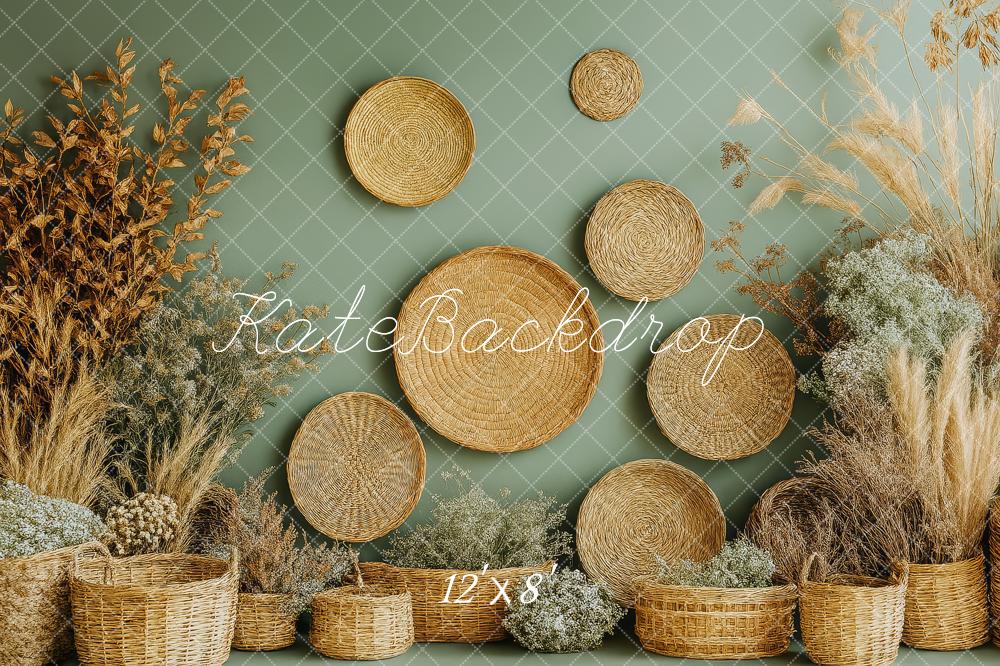 Kate Boho Rattan Körbe Trockenblumen Hintergrund Entworfen von Patty Roberts - Kate Backdrop.de