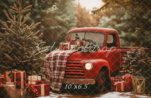 Kate Weihnachten Roter LKW karierter Wald Hintergrund Entworfen von Emetselch - Kate Backdrop.de