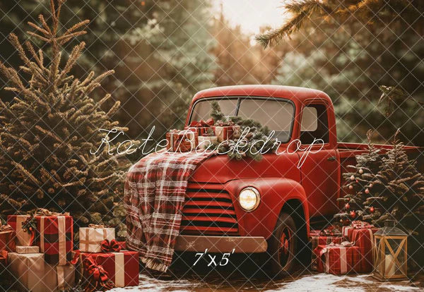 Kate Weihnachten Roter LKW karierter Wald Hintergrund Entworfen von Emetselch - Kate Backdrop.de