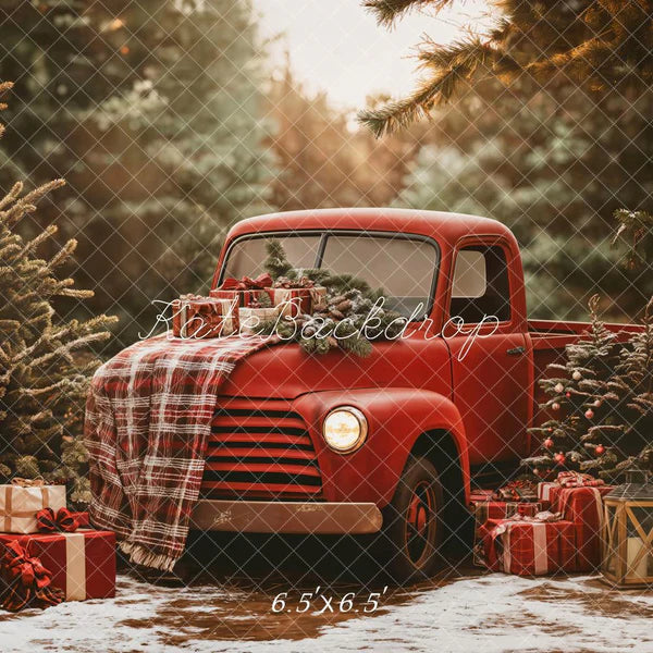 Kate Weihnachten Roter LKW karierter Wald Hintergrund Entworfen von Emetselch - Kate Backdrop.de