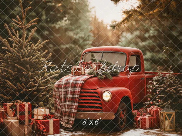 Kate Weihnachten Roter LKW karierter Wald Hintergrund Entworfen von Emetselch - Kate Backdrop.de