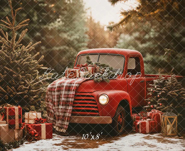 Kate Weihnachten Roter LKW karierter Wald Hintergrund Entworfen von Emetselch - Kate Backdrop.de