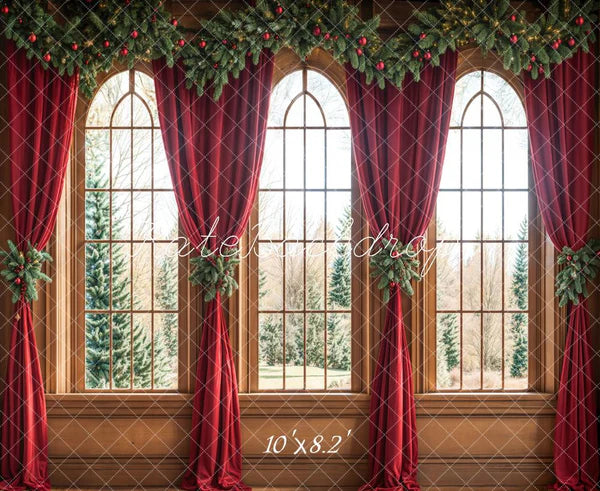 Kate Weihnachten Gewölbtes Fenster Rote Vorhänge Hintergrund Entworfen von Emetselch - Kate Backdrop.de