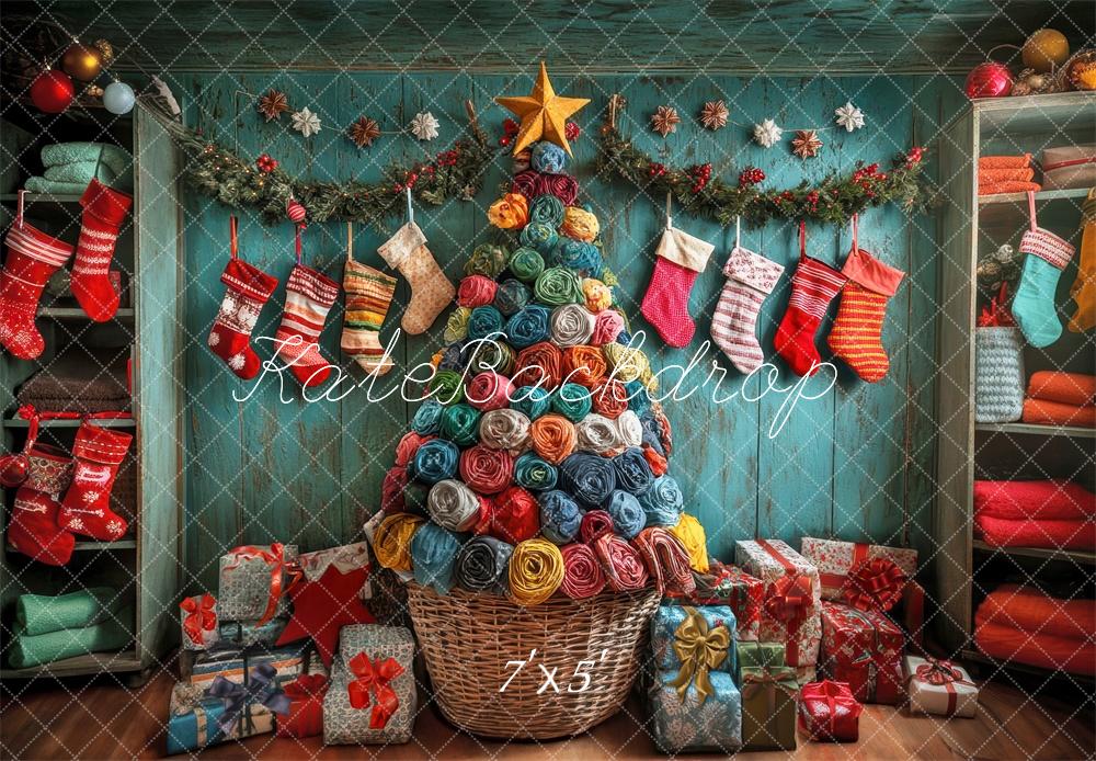 Kate Bunter Weihnachtsbaum und Strümpfe mit Retro-Holzwand Hintergrund - Kate Backdrop.de