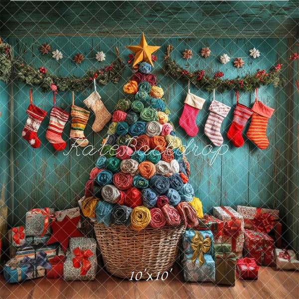 Kate Bunter Weihnachtsbaum und Strümpfe mit Retro-Holzwand Hintergrund - Kate Backdrop.de